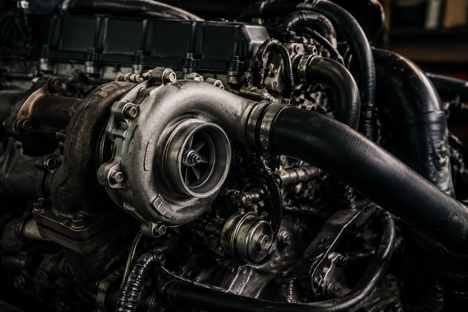 Close-up of diesel engine components